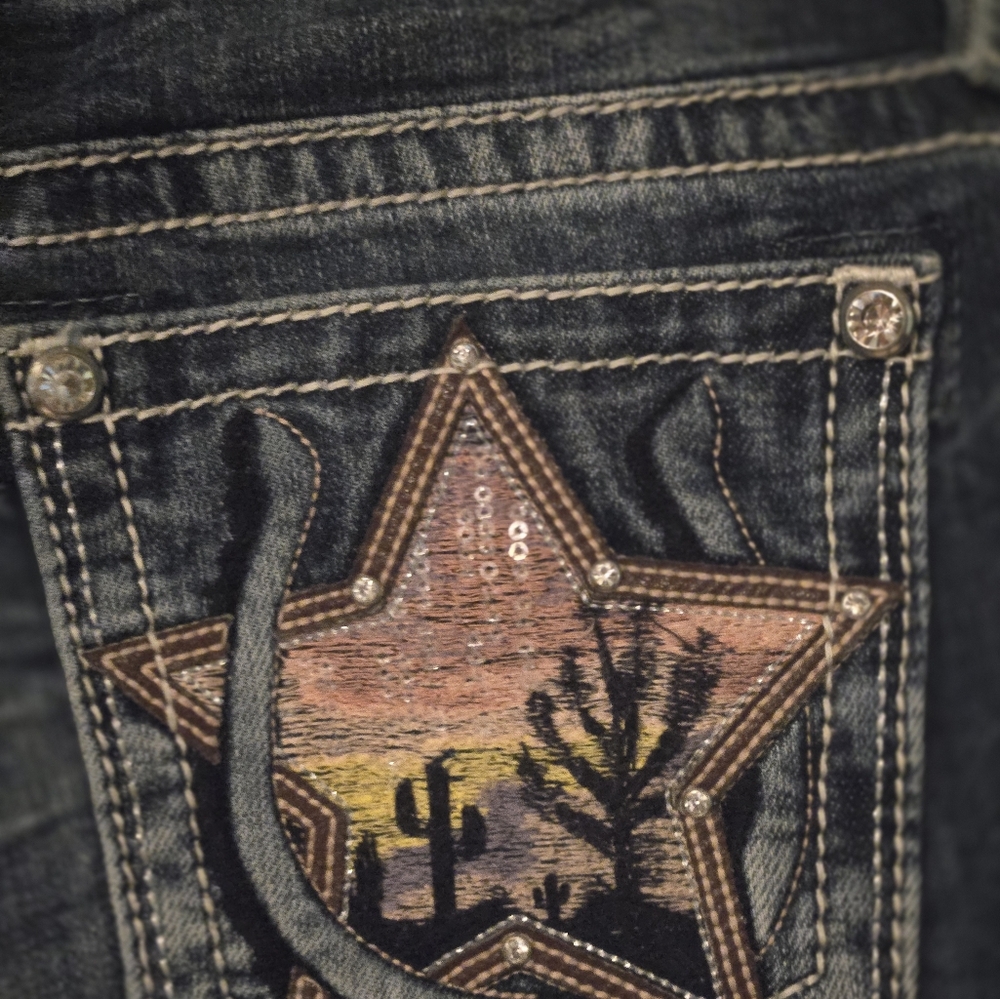 Miss Me Women's Boot Cut Jeans with Star Embroidery - Blue and Brown